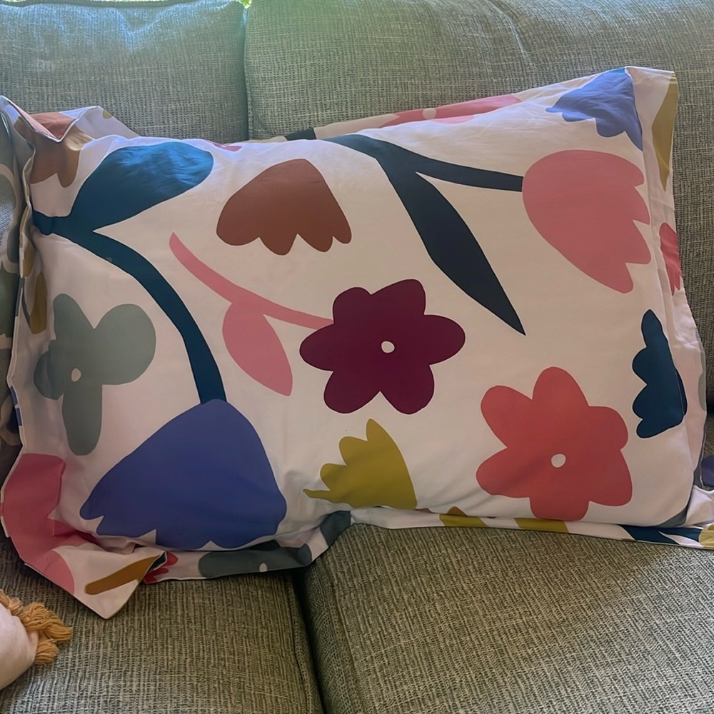 Crate & Barrel pair of two Emile Kids organic pillow shams. Colorful and floral